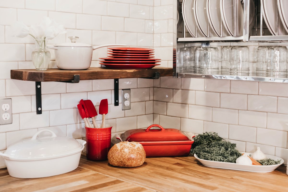 Wooden butcher block countertop in a kitchen Wooden butcher block countertop in a kitchen